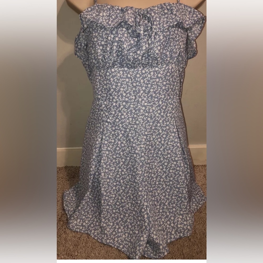 Blue lined floral print Y2K‎ Trixxi romper ruffle neck junior size XL